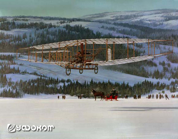 23 февраля 1909 года аэроплан «Серебряный дротик» под управлением Дугласа МакКарди разбежался по льду залива Баддек и пролетел 800 метров, став первым аппаратом тяжелее воздуха поднявшимся в небо Канады. Картина «A.E.A. Silver Dart» канадского авиационног