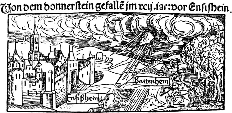 Падение метеорита в Энсисхайме на листовке 1492 года со стихами Себастьяна Бранта о падении камня и обращением к королю Максимилиану. (Отдел гравюр и рисунков, Центральная библиотека, Цюрих).