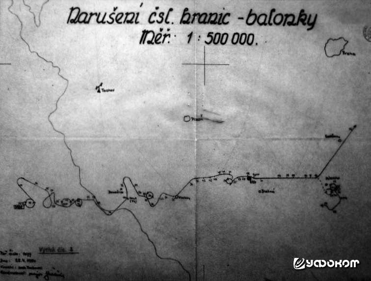Траектория полета шаров с листовками над Чехословакией 28 апреля 1954 года по данным противовоздушной обороны. Фото из Архива силовых структур (ABS) в Праге.