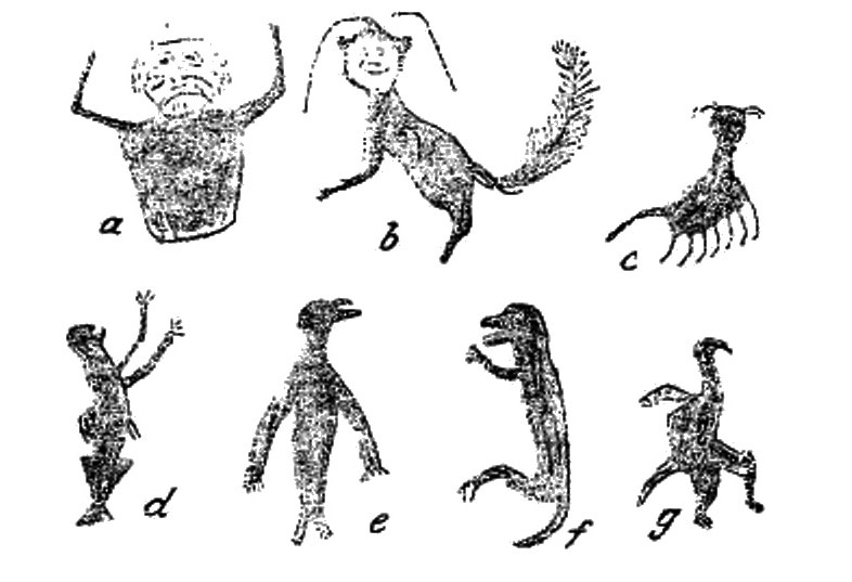 Чукотский рисунок, изображающий различных «земляных духов»: a – дух с половиной тела, характерный для фигур, изготовляемых с целью наслать порчу; b – духи с собачьими ушами и хвостом; c – духи с большим количеством ног; d, e, f, g – духи с рыбьим, тюленьи