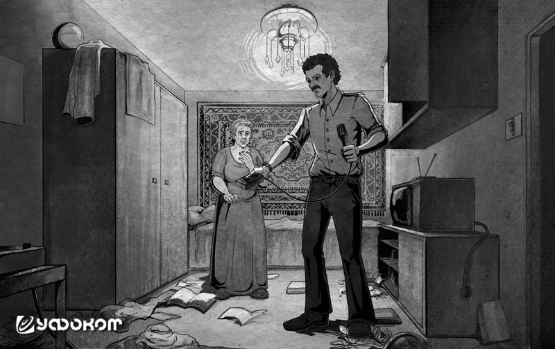 Ф.Б. Бакшт во время записи голоса красноярского полтергейста. Рисунок-реконструкция Алины Мажариной, 2025 год.