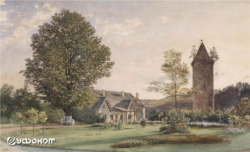Парк замка Рожмберк над Влтавой, где появляется призрак «Белой панны». Акварель Рудольфа фон Альта (1812–1905).