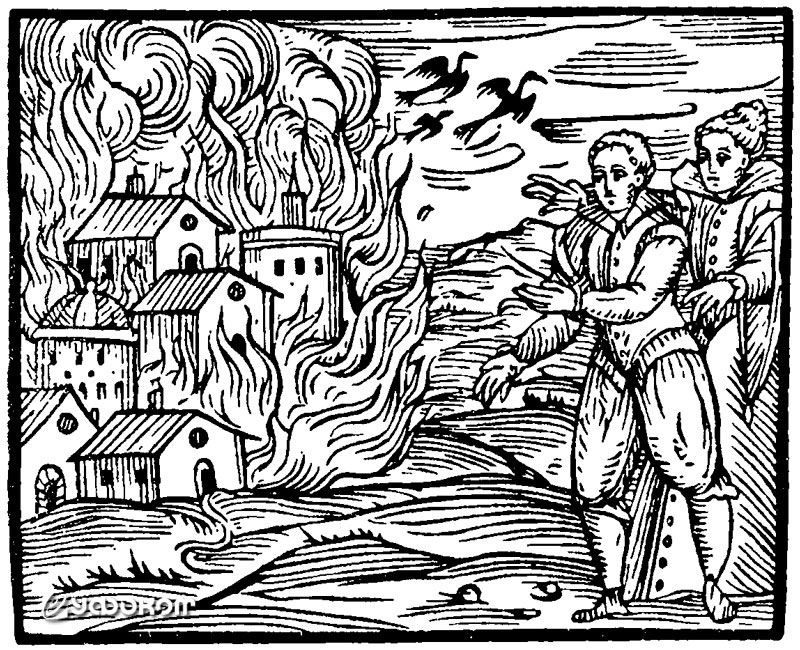 Пожар, вызванный чертовщиной («Compendium maleficarum», 1608). 