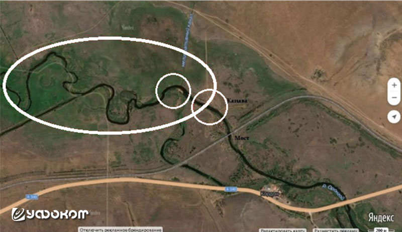 Показаны два вероятных места события: соединение канавы и соединение мелиоративного канала с рекой Оронгой.