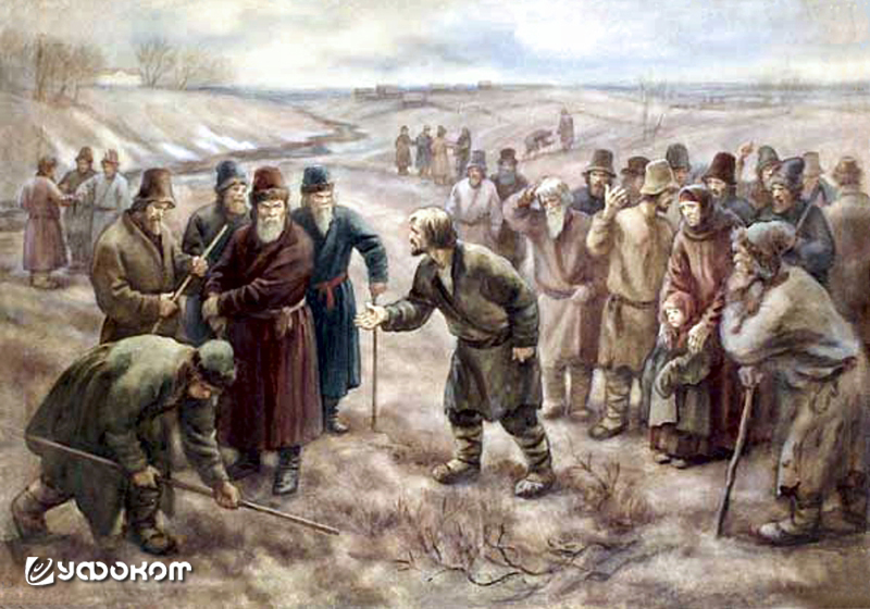 «Передел земли в сельской общине 2-й половины XVIII века». Акварель Анны Казимировны Боровской, 1949 год. Муниципальная картинная галерея г. Красноармейск Московской области.