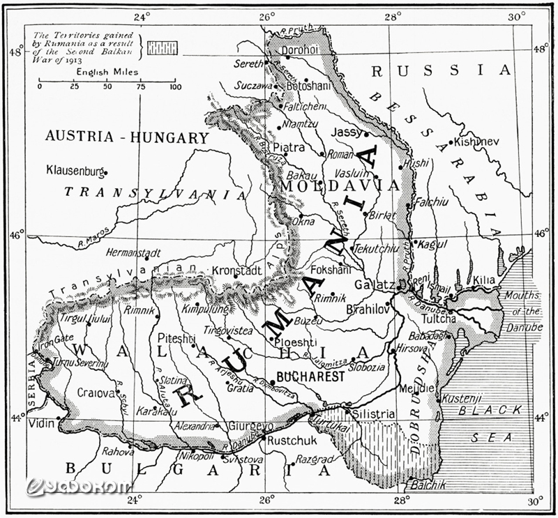 Карта Королевства Румыния после Второй Балканской войны 1913 года. Из книги «Hutchinson’s history of the nations», опубликованной в 1915 году.